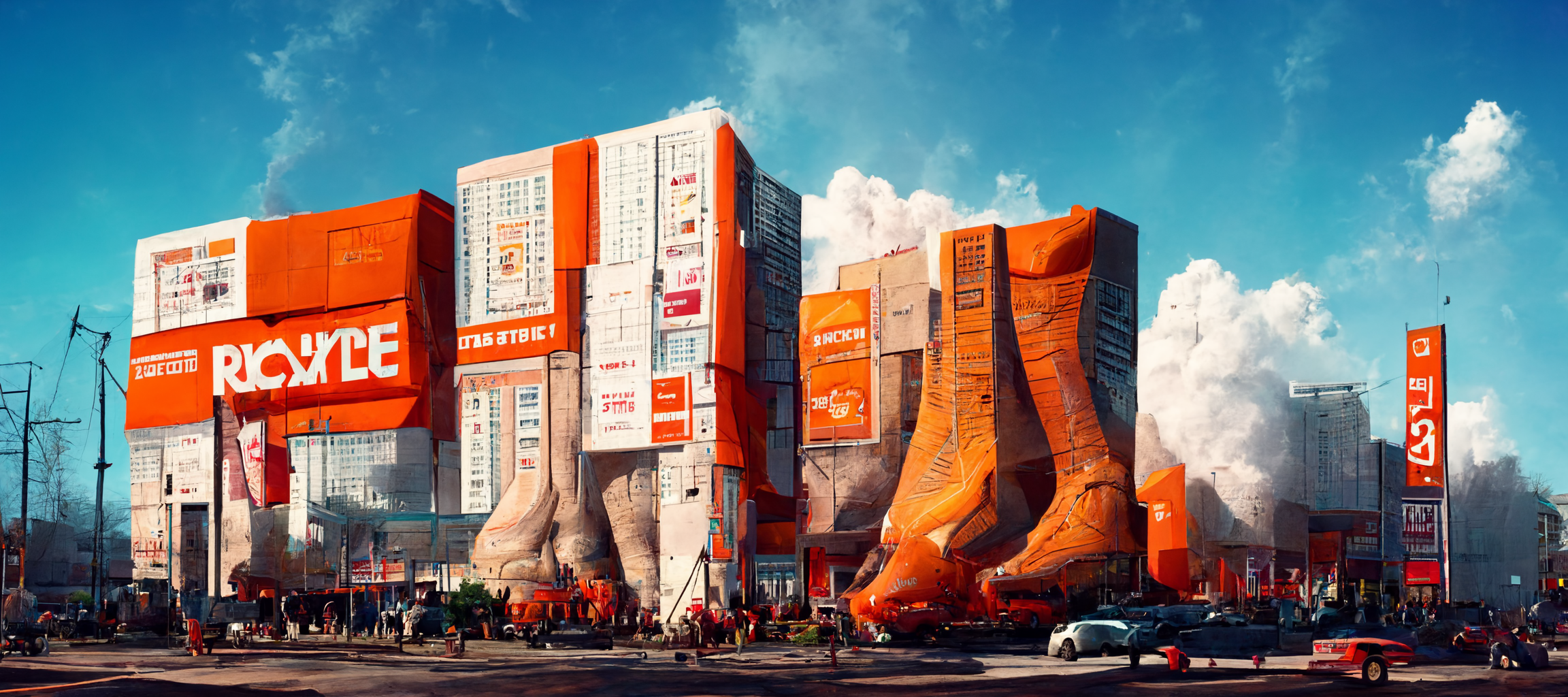 vibe_huge_pile_of_giant_sneakers_towering_over_a_town_photoreal_a93031e0-0ddb-4785-829b-c0d36b5a93ab
